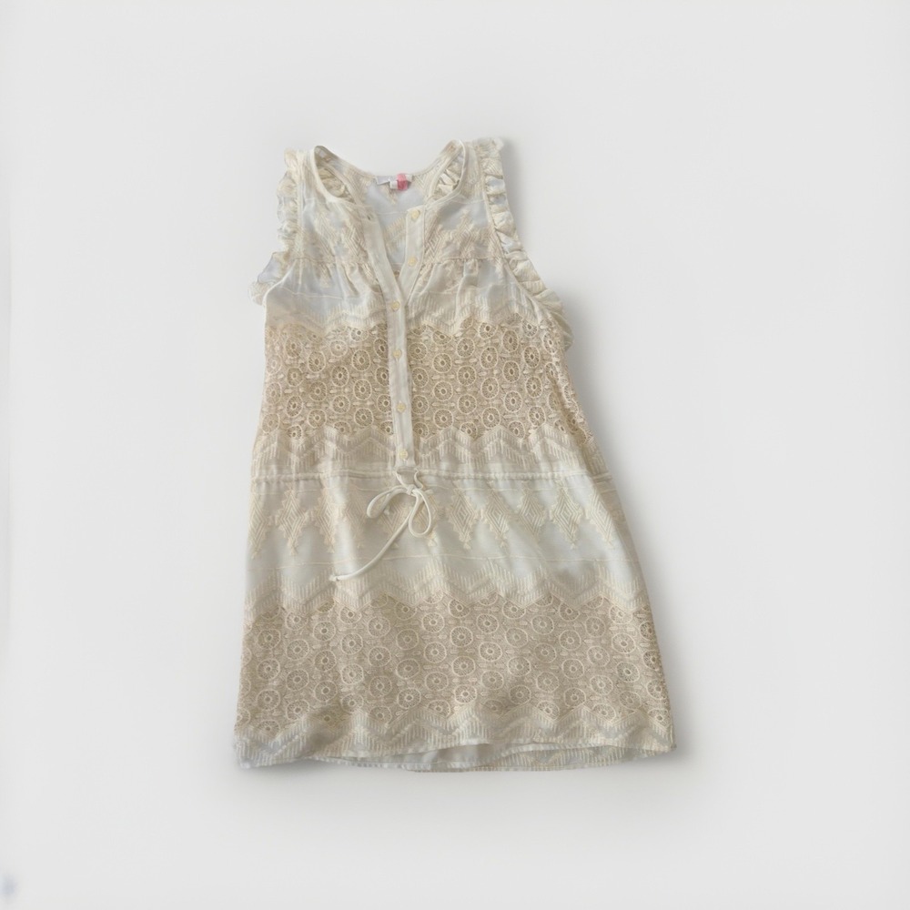 Glam Cream Lace Sleeveless Boho Dress Button Front Ruffle Tie Waist - Small